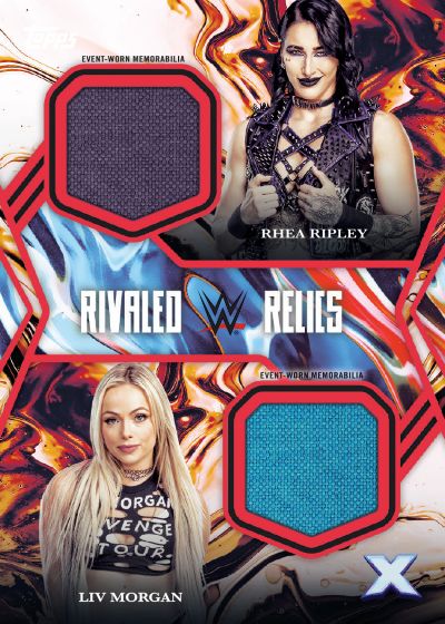 2025 Topps WWE Exalted Rhea Ripley and Liv Morgan Rivaled Relics card