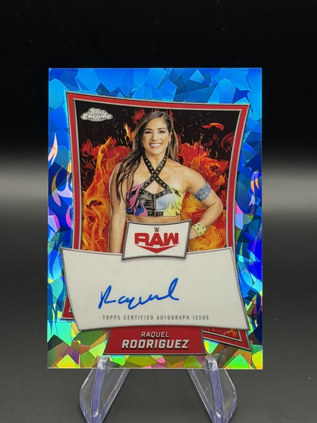 Raquel Rodriguez 2025 Topps Chrome WWE Red Brand Chrome Autograph Blue Sapphire front