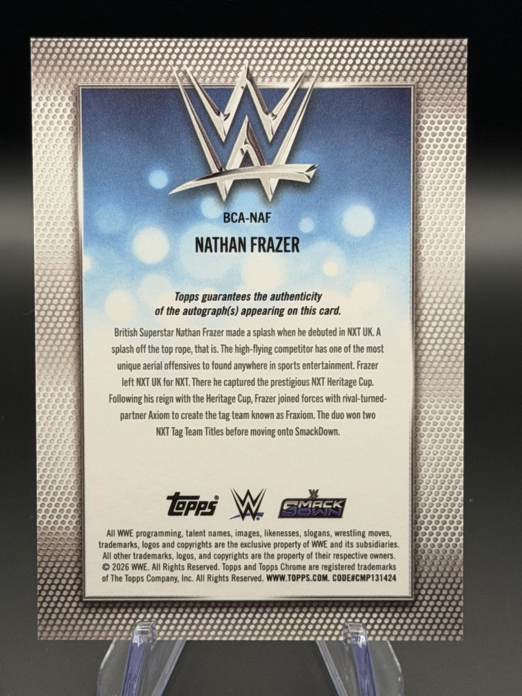 Nathan Frazer 2026 Topps Chrome WWE Chrome Autograph Gold /50 back