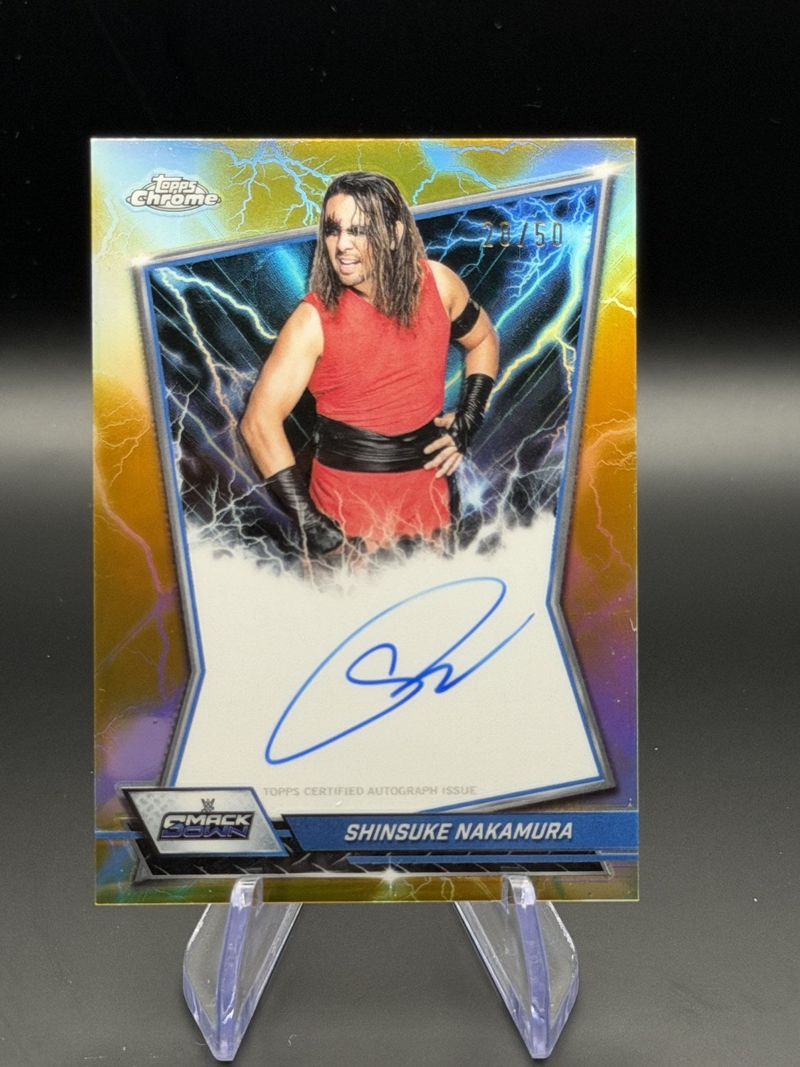 Shinsuke Nakamura 2026 Topps Chrome WWE Blue Brand Chrome Autograph Gold /50 front