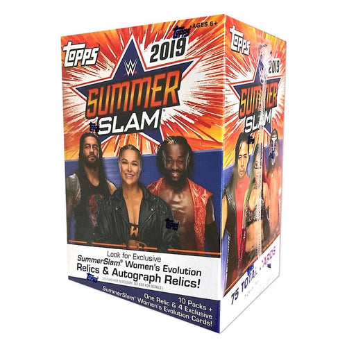 Topps 2019 Summer Slam wrestling trading card box with images of wrestlers on a white background